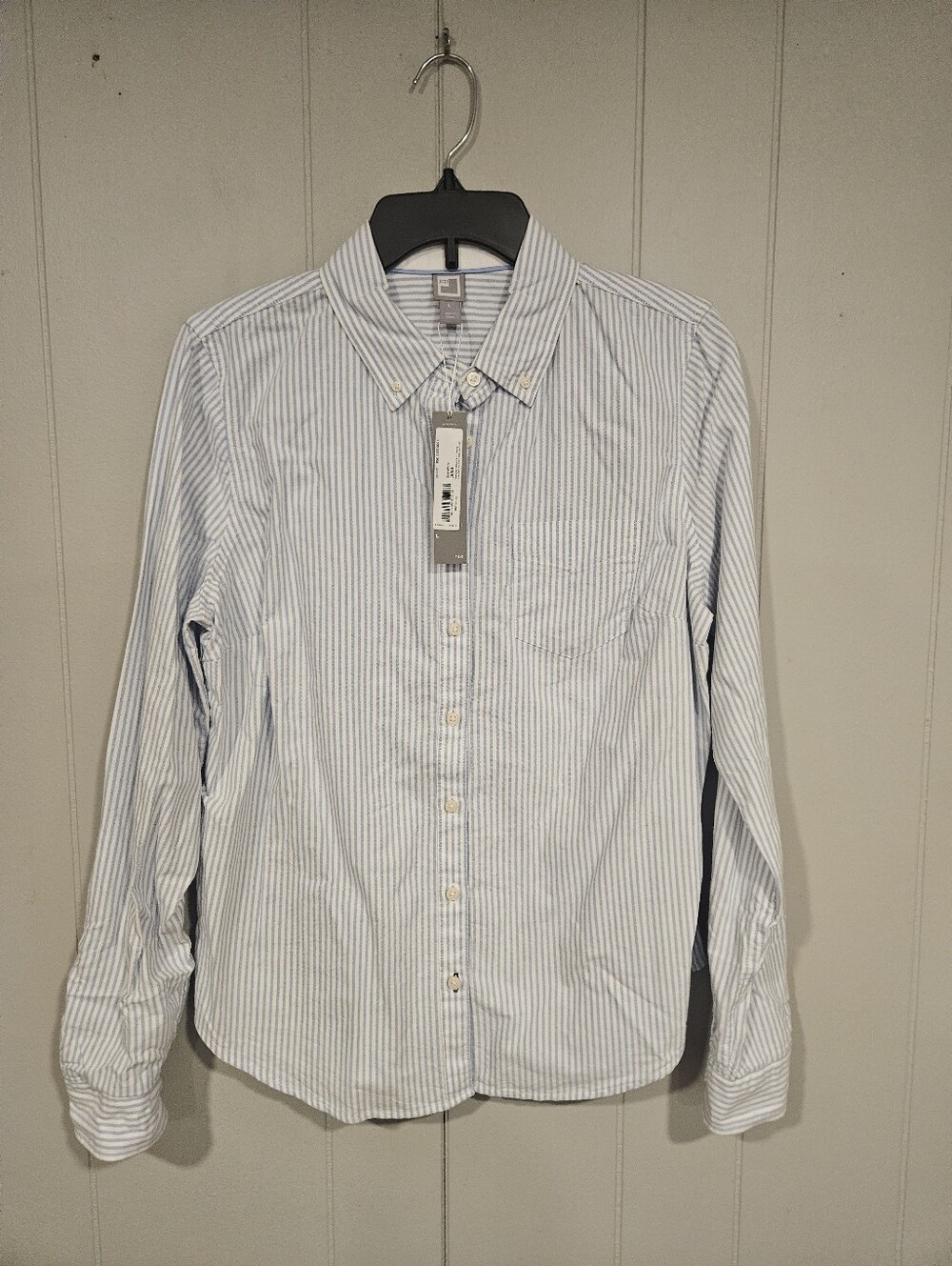 JCP Women's Long Sleeve 100 % Cotton Shirt Top Size Large Blue White Stripe NWT
